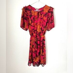 DR2 Cocktail Dress Women’s L Red Orange Floral Short Sleeve Ruffle Dress